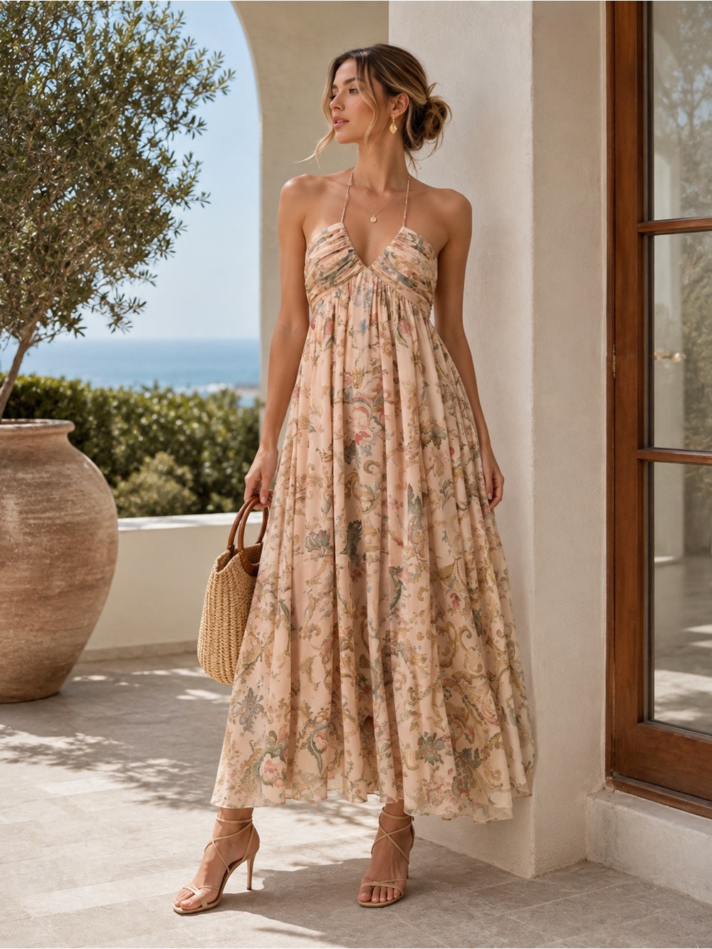 Zimmermann Peach Floral Strapless Midi Dress